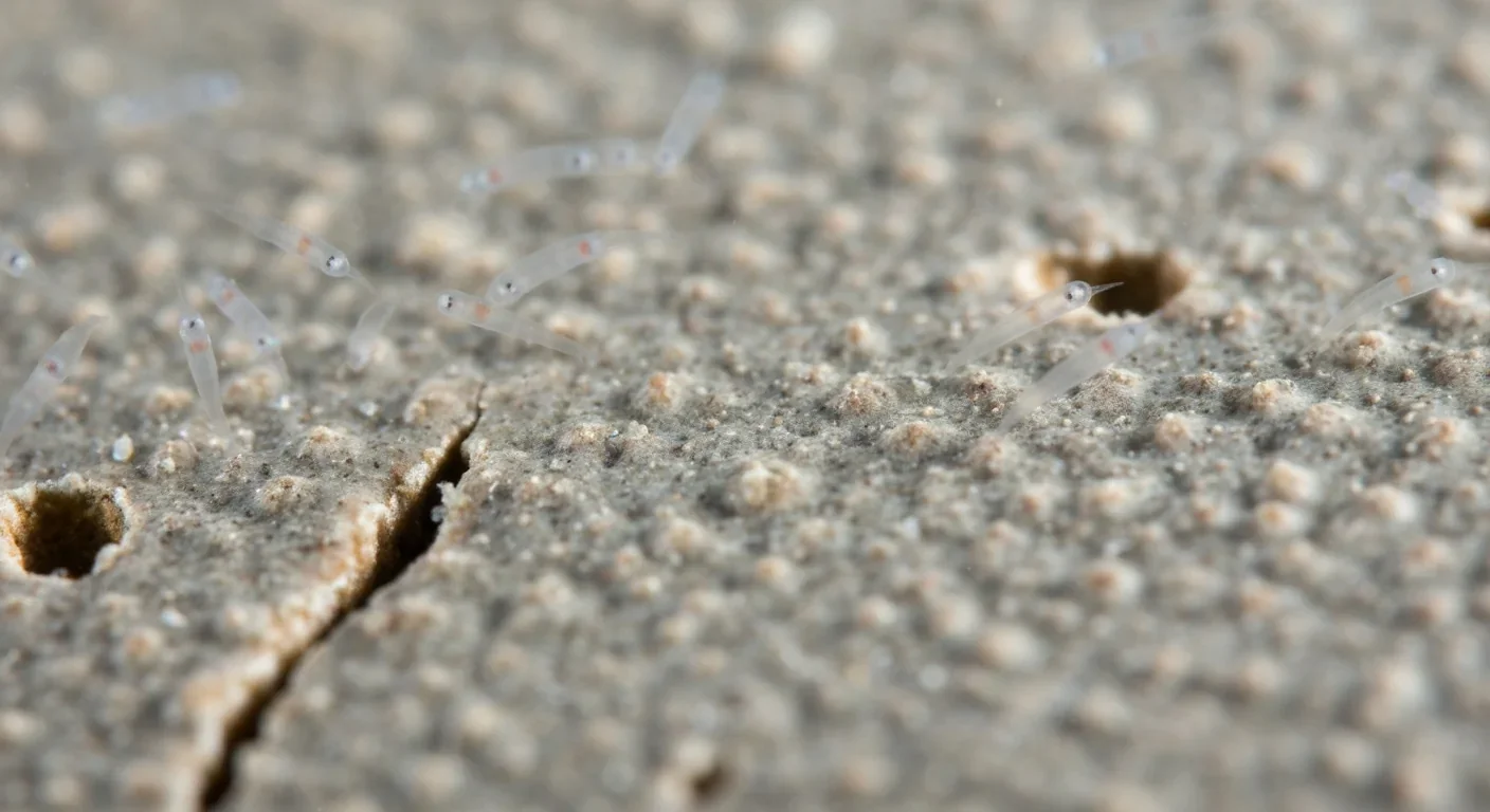 Microscopic coral larvae approaching textured settlement surface during critical attachment phase