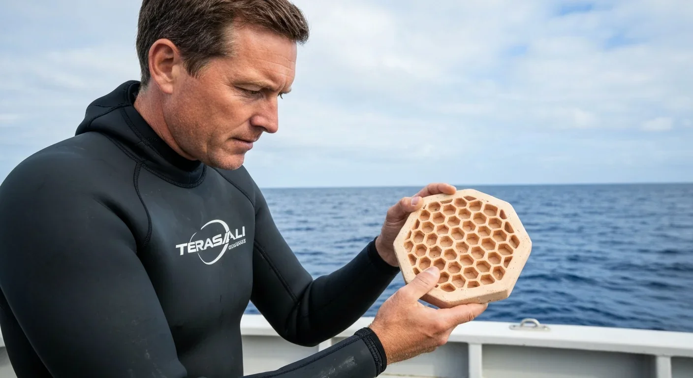 Researcher examines terracotta clay reef tile before deployment, showing eco-friendly material choice