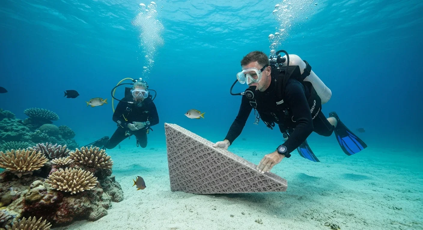 Diver deploys 3D-printed reef structure in tropical waters as part of coral restoration project