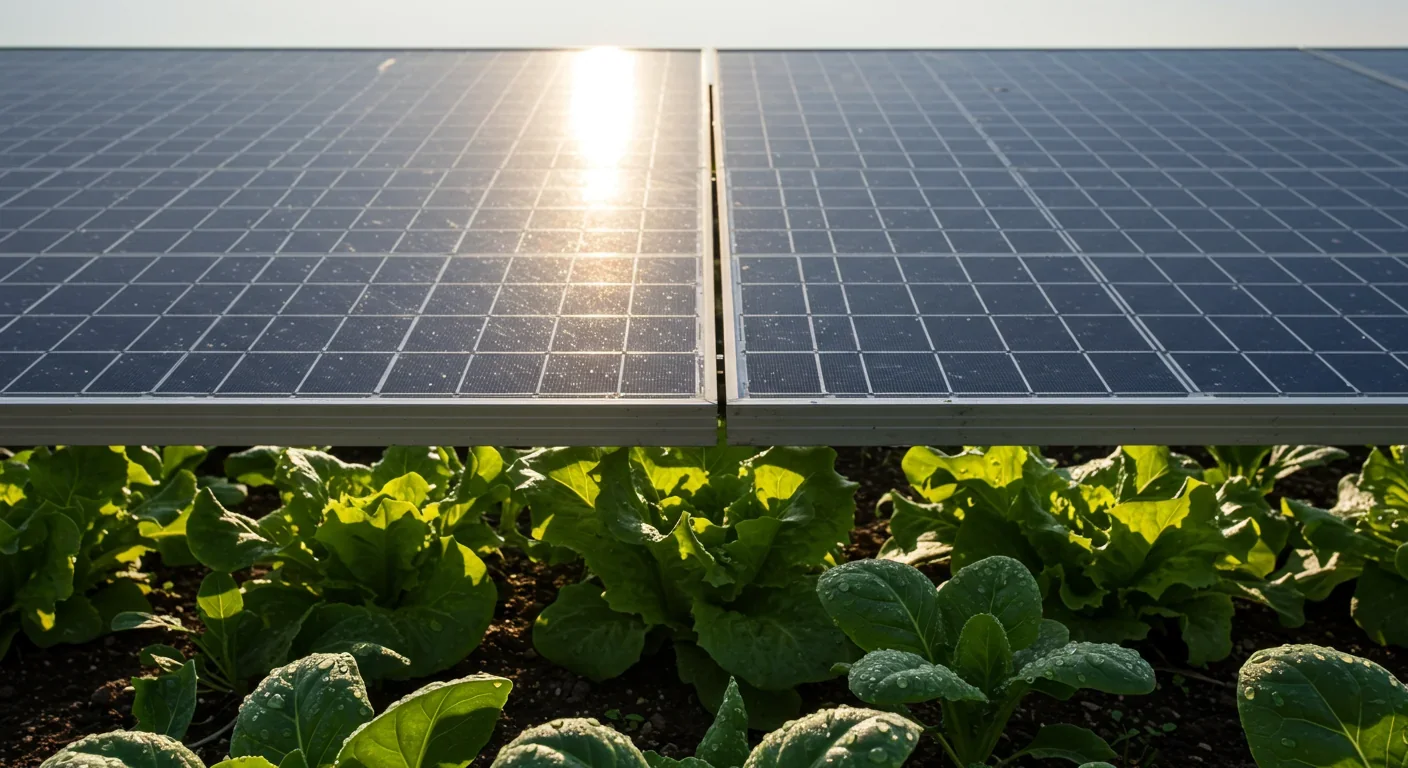 Bifacial solar panels creating optimal growing conditions for shade-tolerant leafy vegetables with enhanced moisture retention