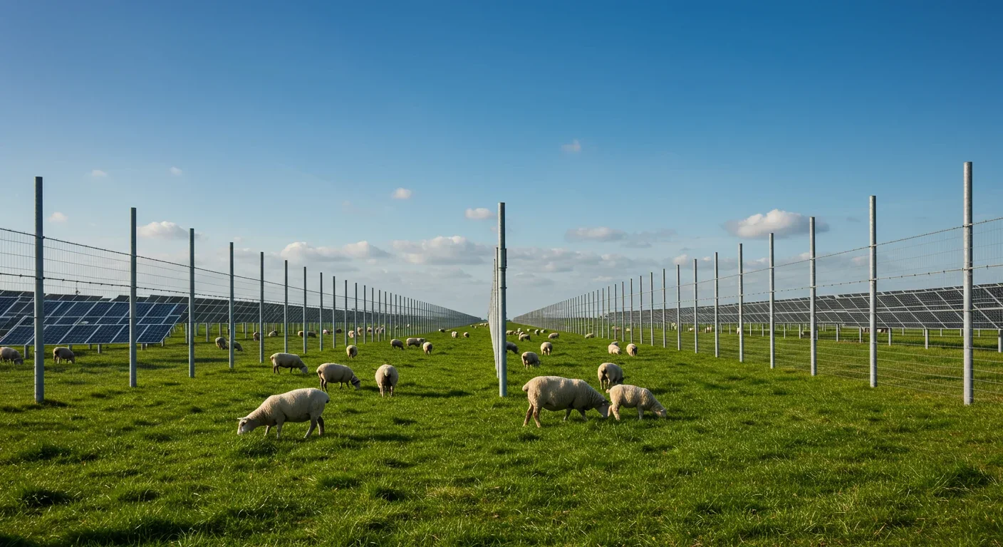 Sheep grazing between vertical solar panel arrays on agrivoltaic ranch combining livestock management with clean energy generation