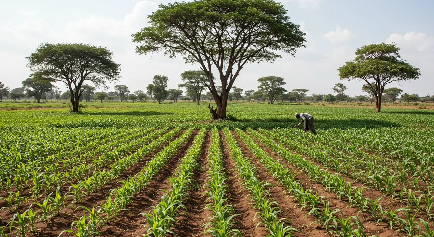 Kenyan farmer walking through agroforestry field with maize crops and nitrogen-fixing trees showing sustainable farming practices