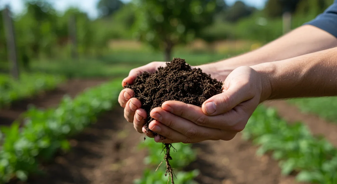Farmer hands holding nutrient-rich dark soil from agroforestry system showing improved organic matter and tree root integration