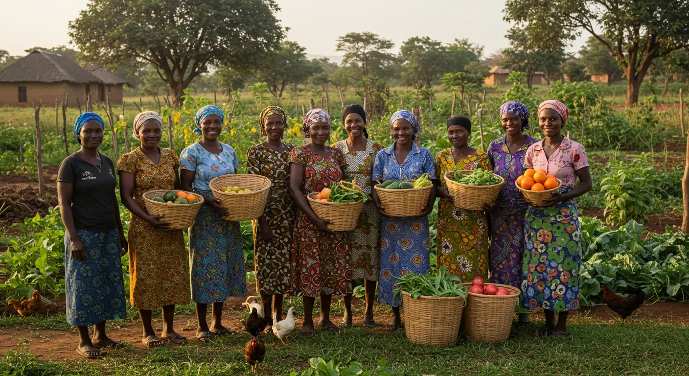 Group of African women farmers with harvested produce from diversified agroforestry farm showing economic empowerment