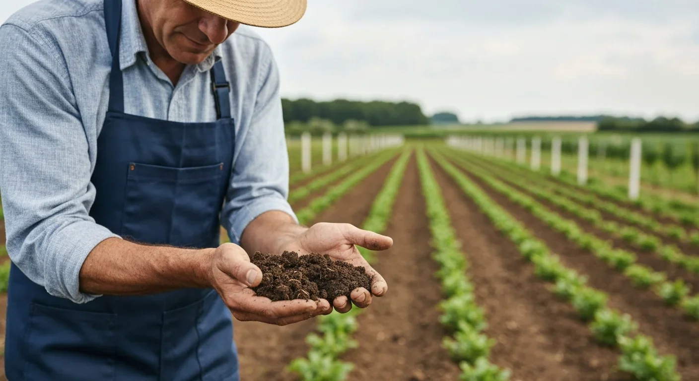 Farmer examining rich, healthy soil from an agroforestry system with integrated tree rows