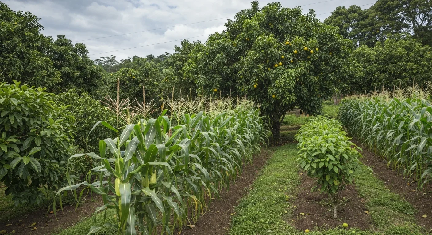 Traditional indigenous milpa agroforestry system with corn, beans, and fruit trees growing together