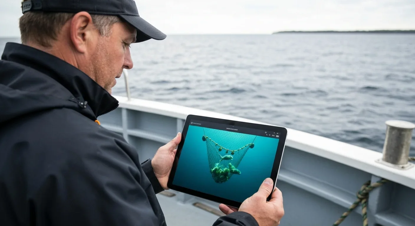 Commercial fisherman reviewing real-time underwater camera footage on tablet
