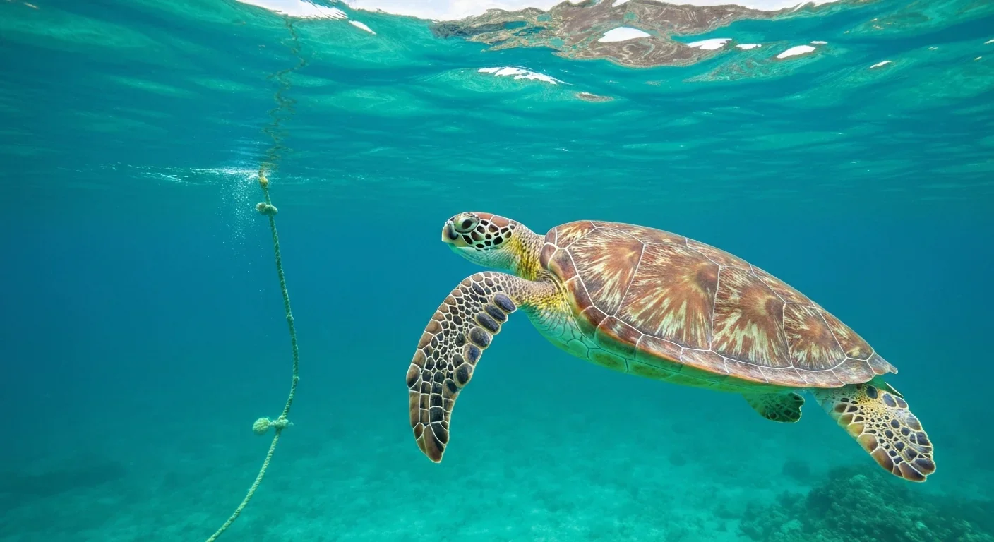 Green sea turtle swimming freely in ocean after being released from smart fishing net