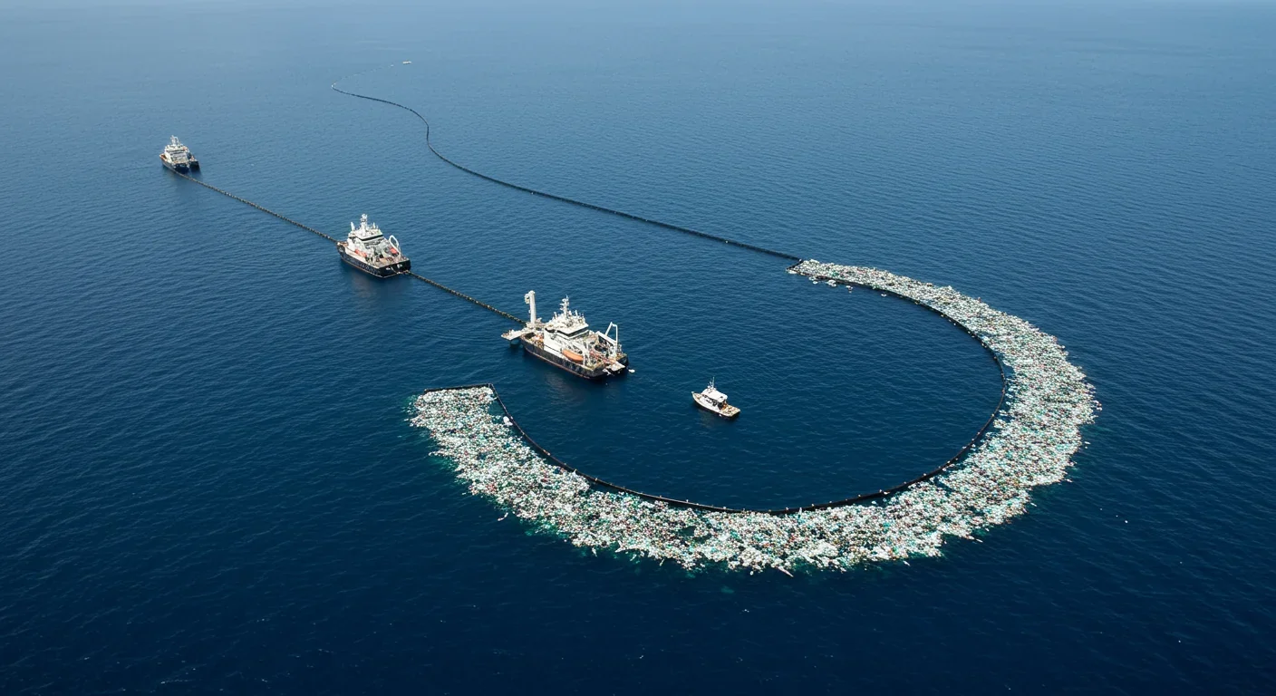 Ocean cleanup system with floating barriers collecting plastic waste in open waters