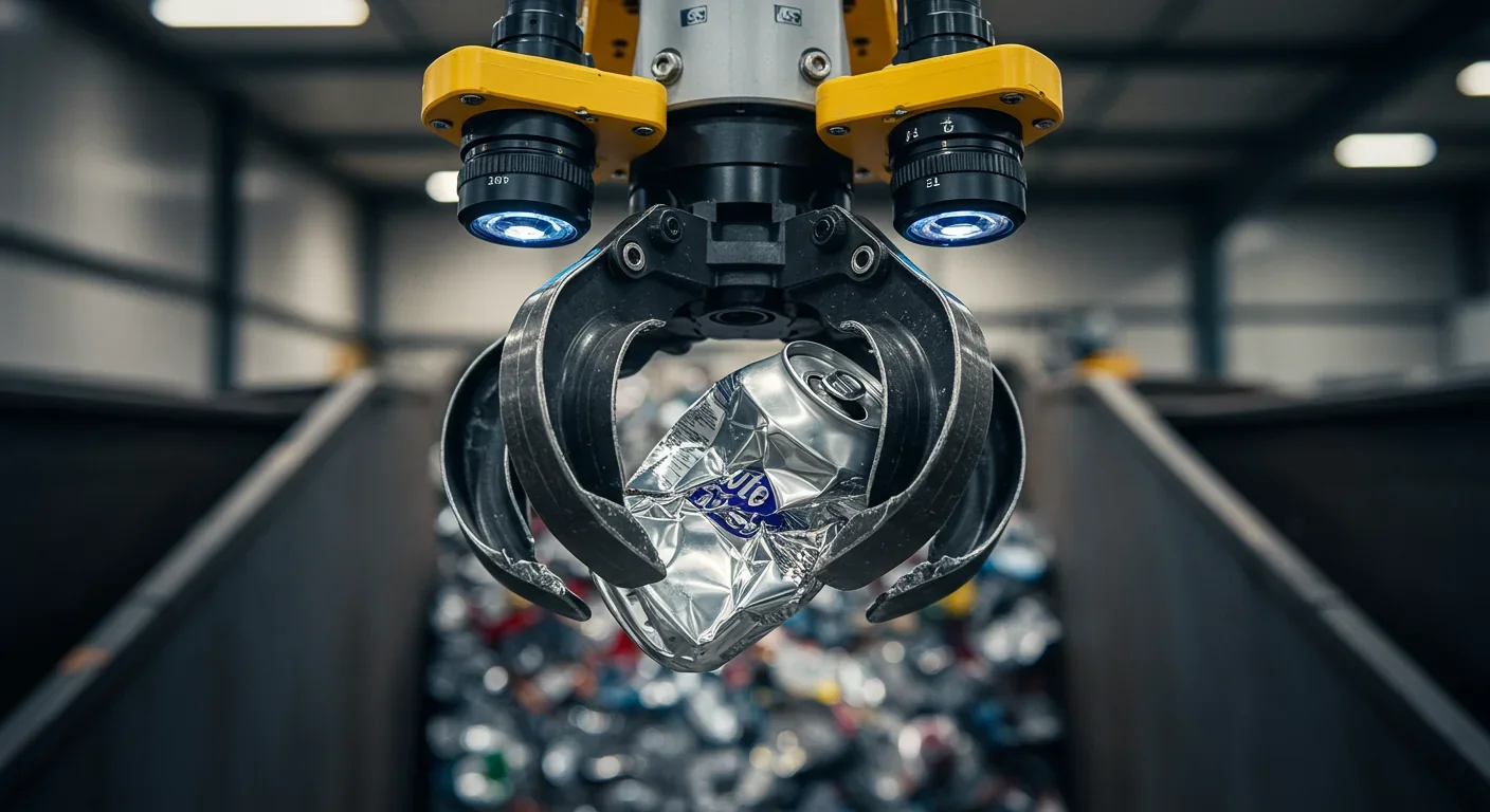 Robotic gripper with AI vision sensors precisely handling crushed aluminum can