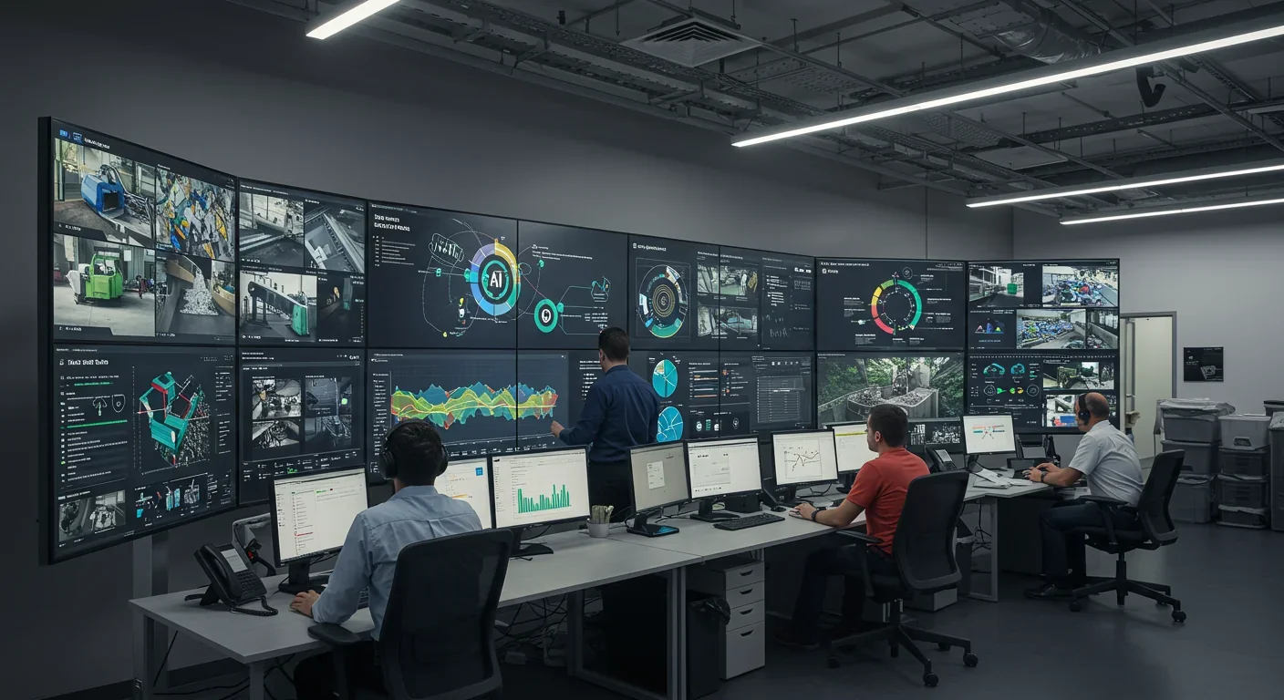 Workers monitoring AI recycling system analytics and robotic performance on display screens