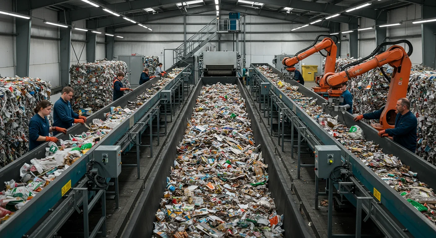 Side-by-side comparison of manual sorting workers and AI robotic sorting systems