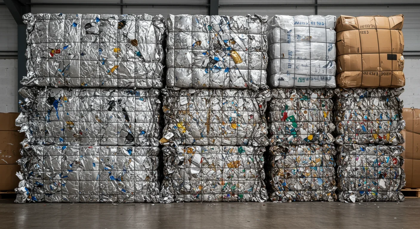 High-quality bales of sorted aluminum, plastic, and cardboard from AI-sorted facility