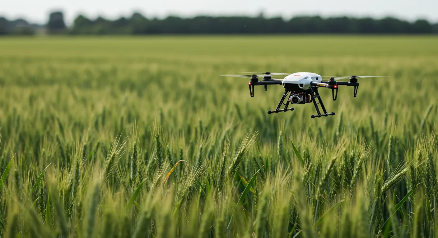 Agricultural drone with multispectral camera monitoring wheat crop health