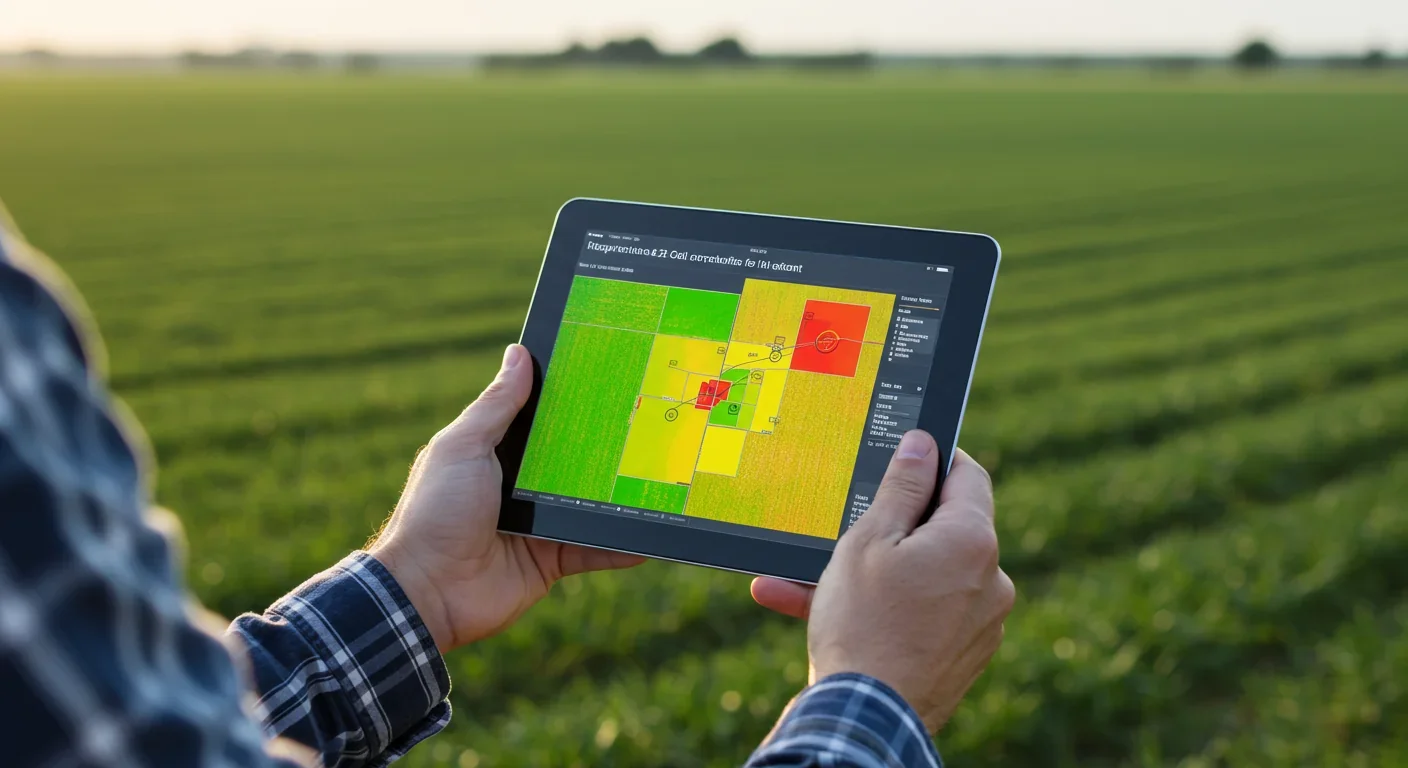 Farmer using tablet to view precision agriculture field mapping data
