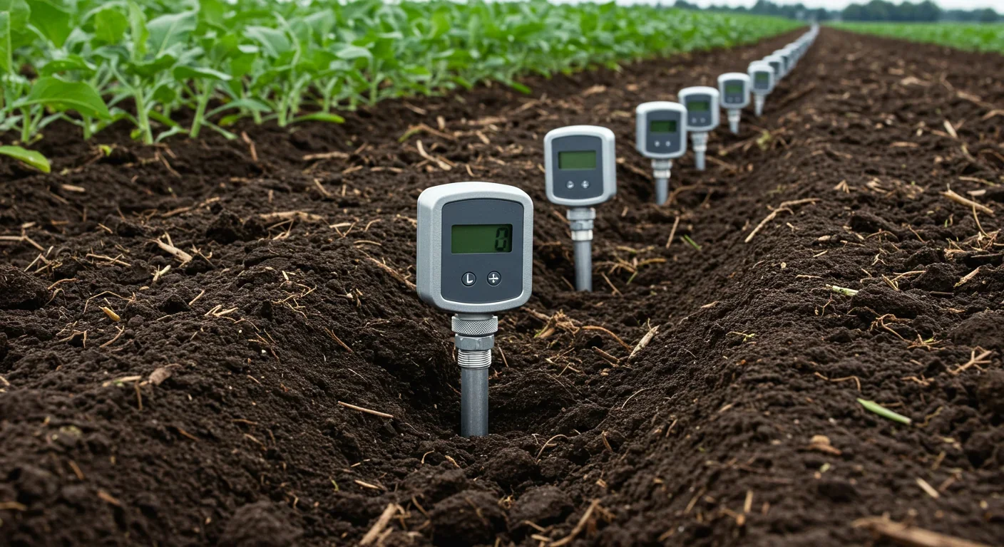 Soil moisture sensors embedded in farmland for precision irrigation management