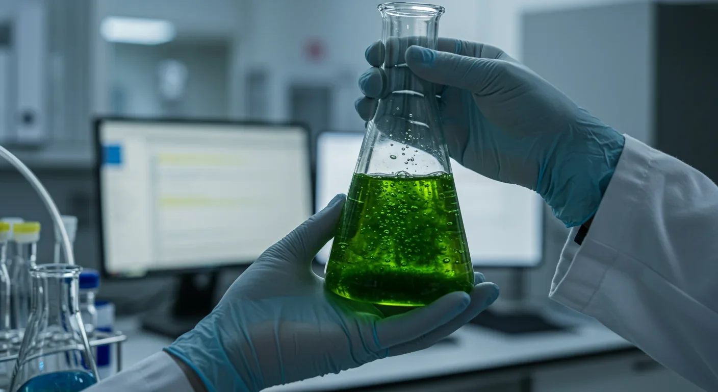 Scientist examining high-density microalgae culture used for carbon capture research