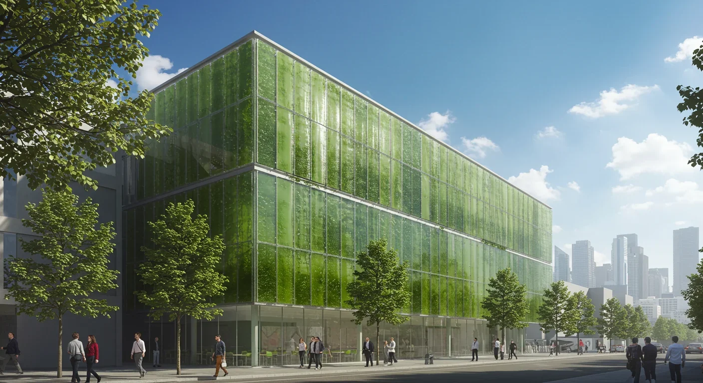 Building facade integrated with algae bioreactor panels capturing CO2 in urban environment