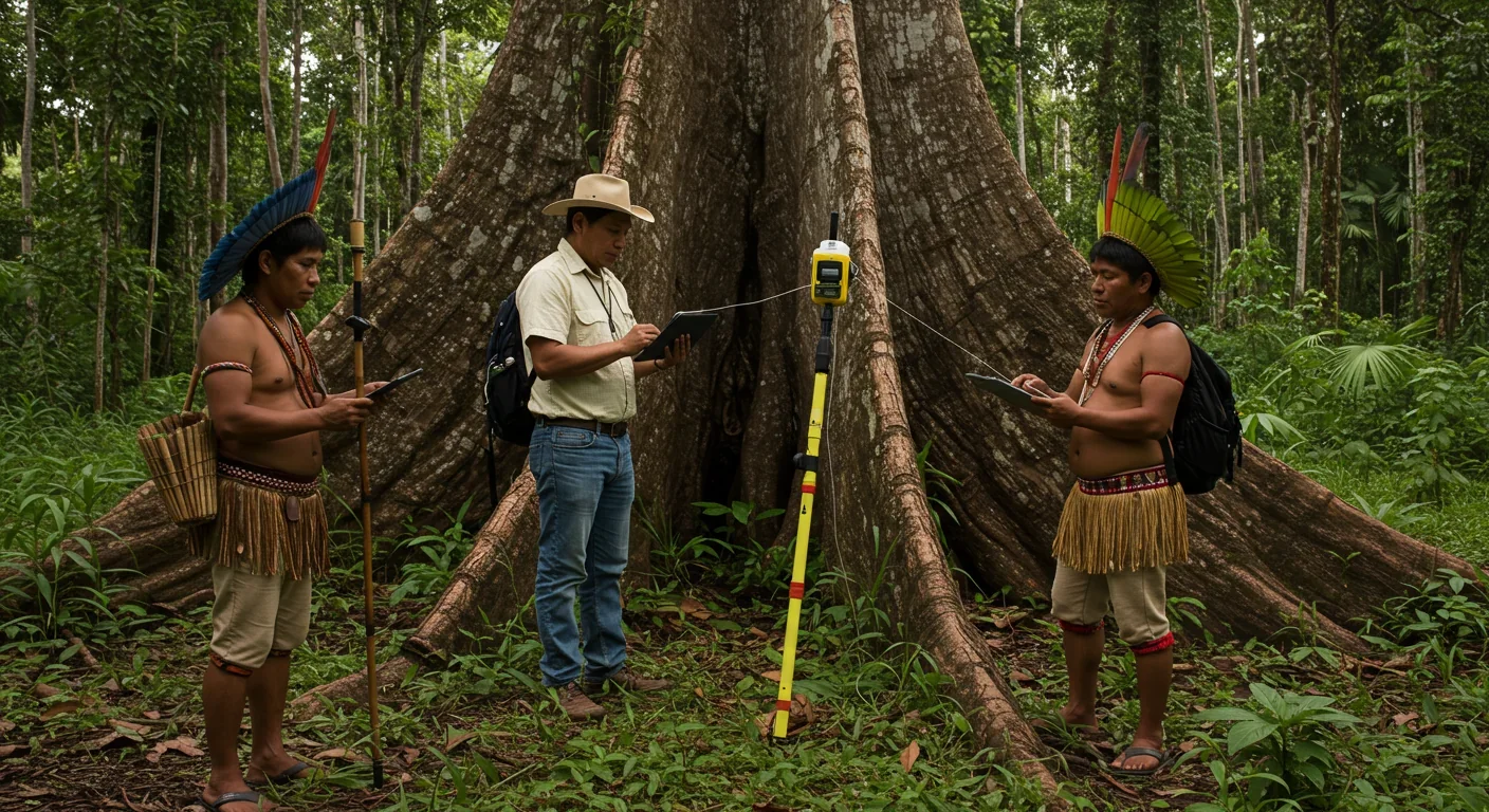 Large old-growth tree with prominent buttress roots in the Amazon rainforest surrounded by mist