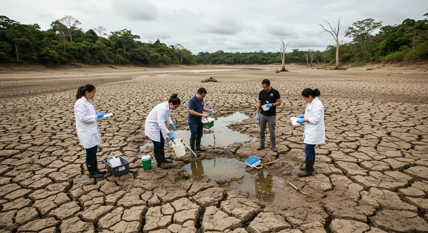 Indigenous person in traditional dress standing among cleared forest land with intact rainforest visible behind them