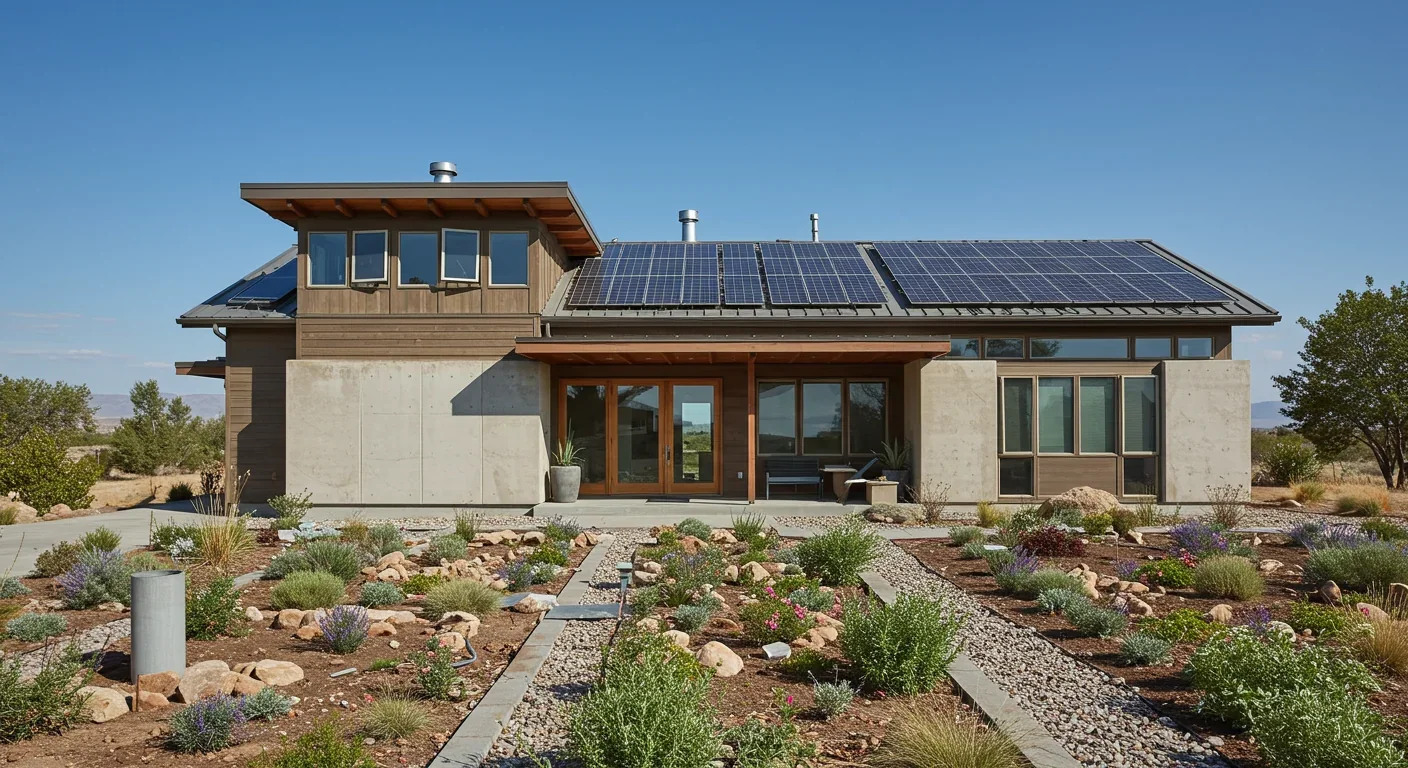 Contemporary zero-energy home combining ancient passive cooling principles with modern sustainable design