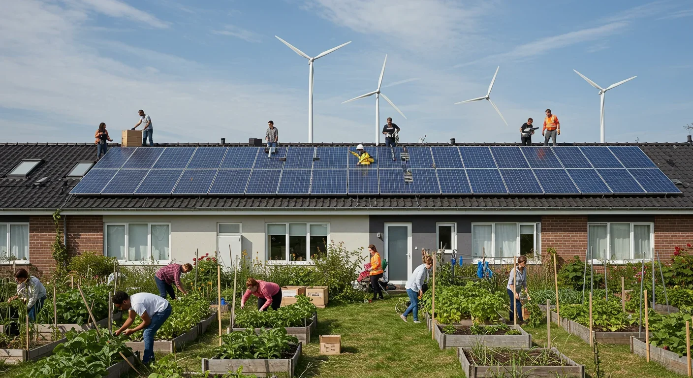 Diverse group of people collaboratively installing solar panels on residential rooftop