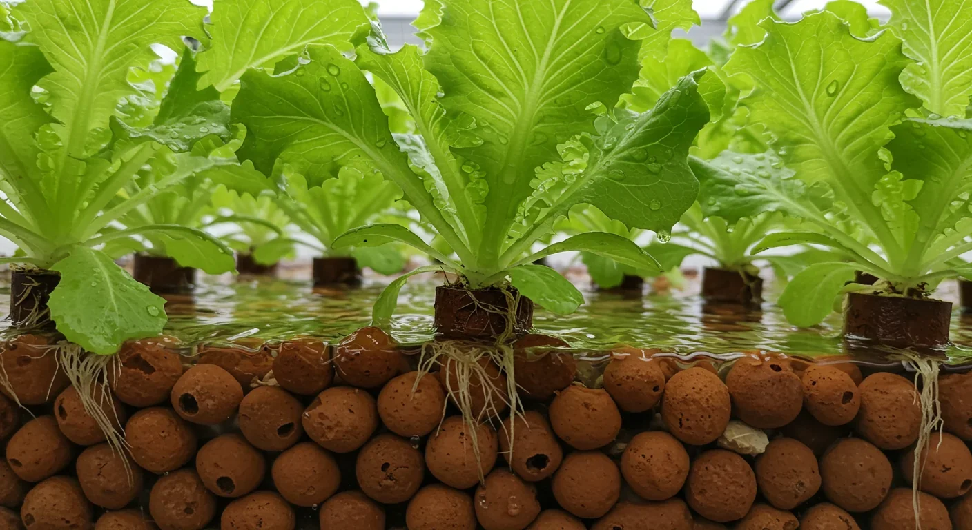 Water circulating through aquaponics grow bed with plant roots in clay pebbles