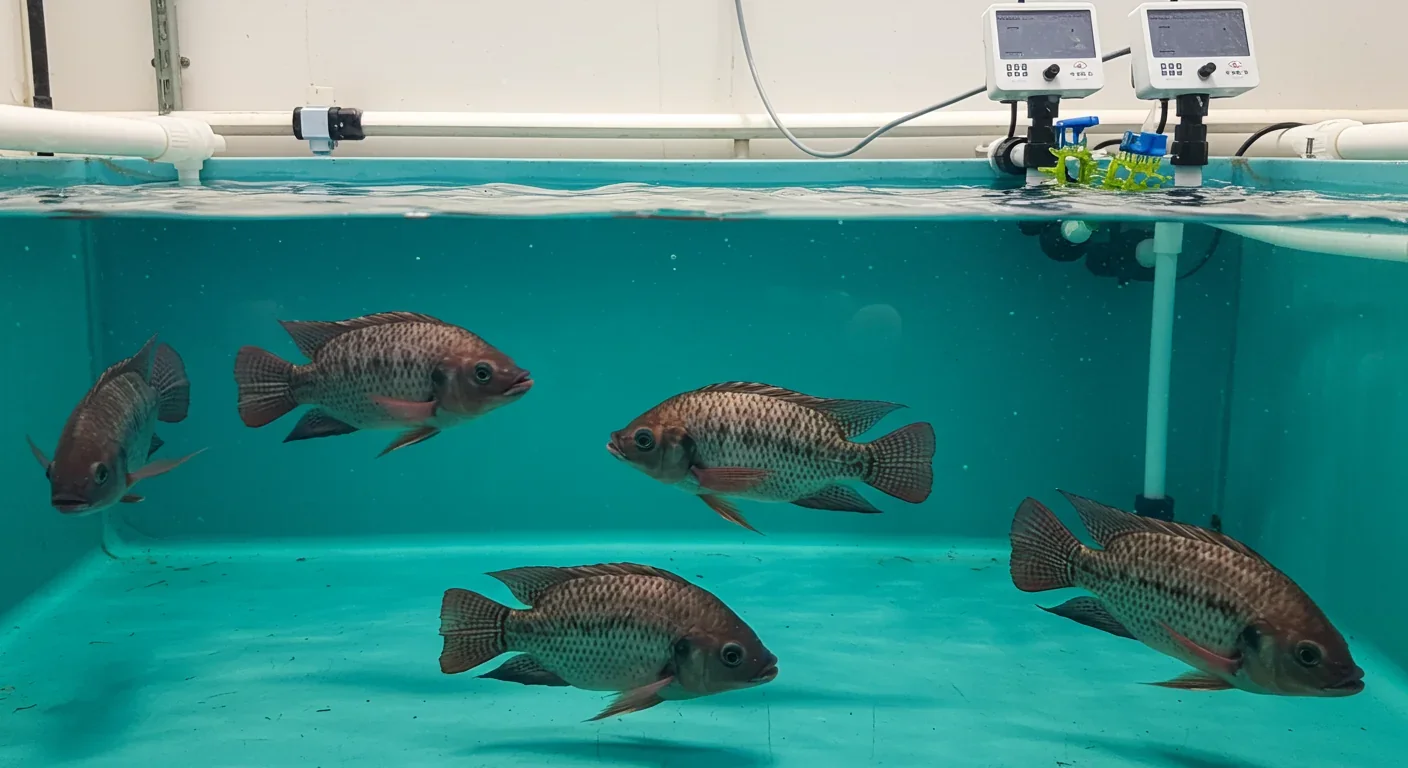 Healthy tilapia swimming in commercial aquaponics fish tank with monitoring equipment