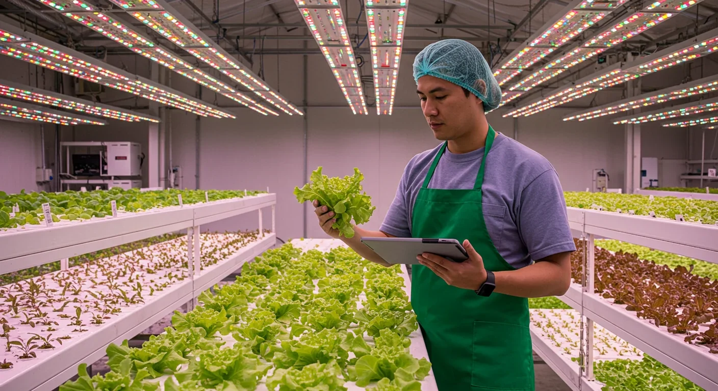 Farmer monitoring lettuce growth in commercial aquaponics operation with digital tools