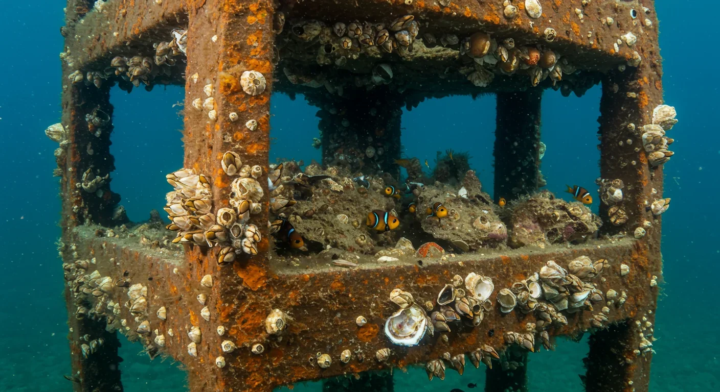 Close-up of marine life colonizing artificial reef structure showing barnacles and small fish