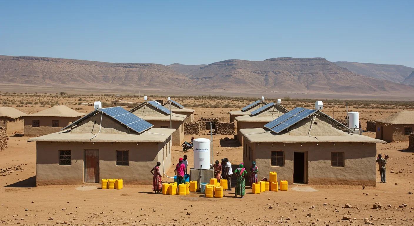 Village children accessing clean water from community atmospheric water harvesting system