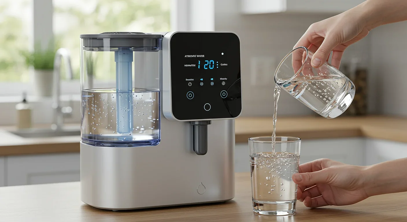 Countertop atmospheric water generator appliance with transparent reservoir and glass of purified drinking water on kitchen counter