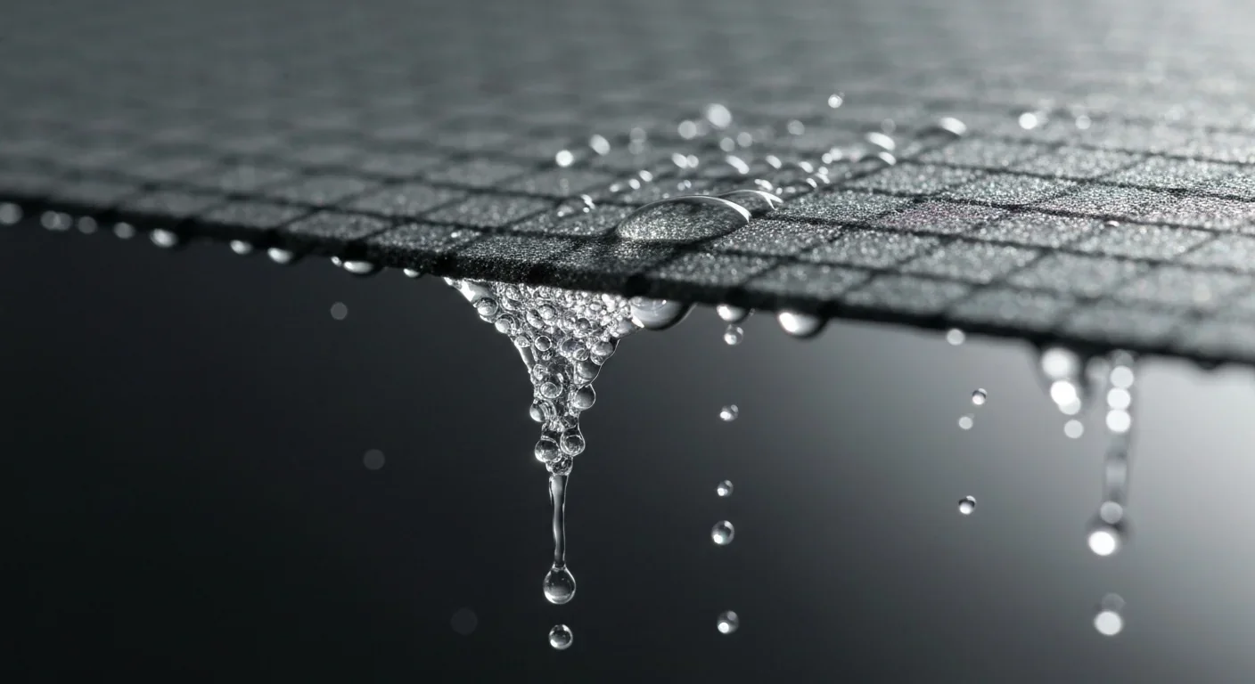 Close-up of specialized fog collection mesh with water droplets demonstrating biomimetic design
