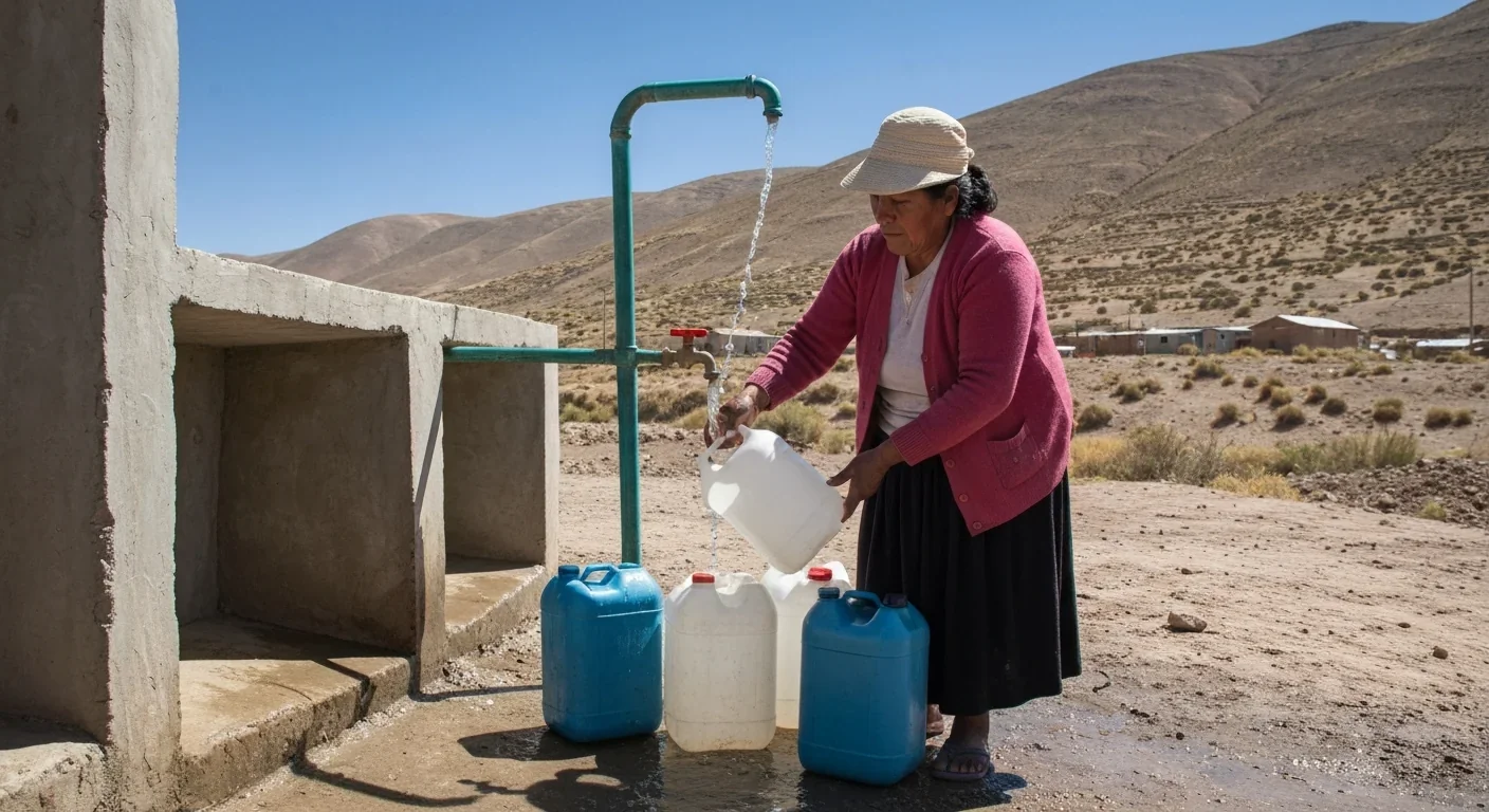 Woman collecting fresh water from fog harvesting system in Lima, Peru