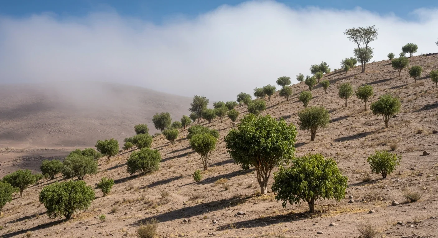 Reforested desert hillside sustained by fog collection water in Peru