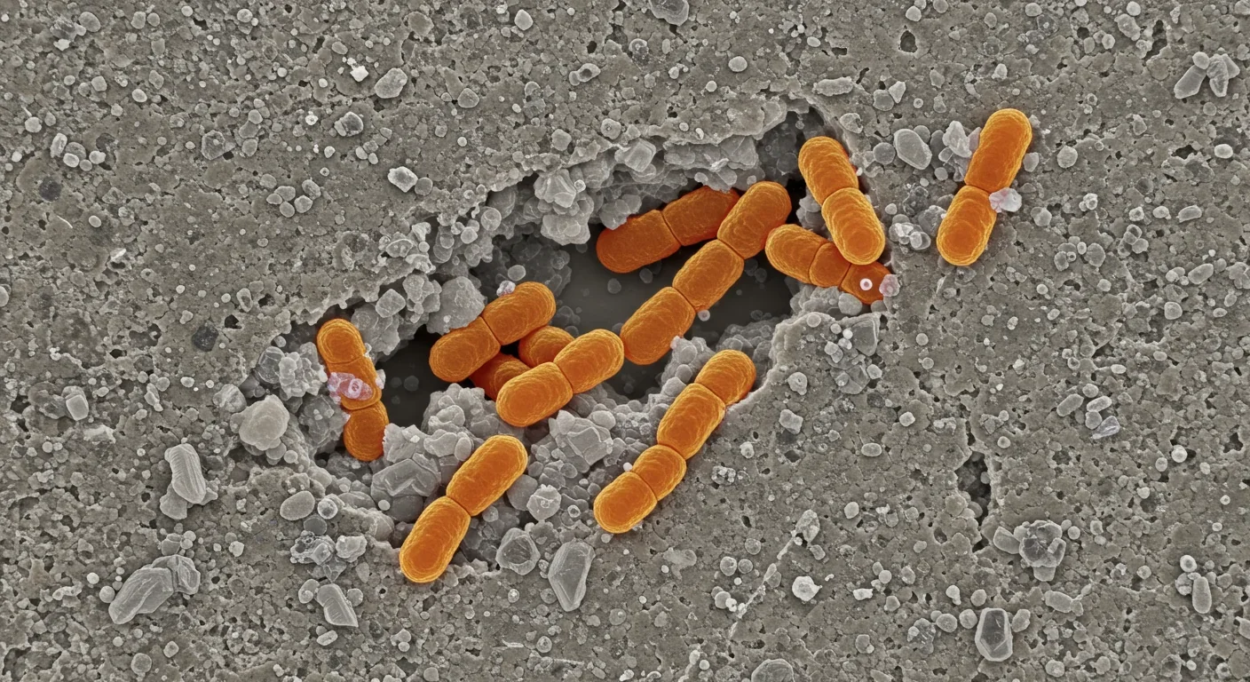 Microscopic view of Bacillus bacteria spores embedded in concrete matrix for self-healing technology