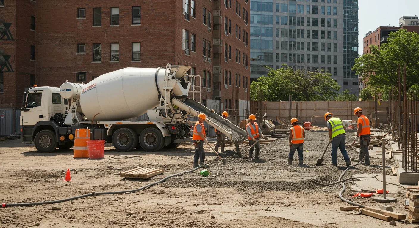 Construction workers pouring concrete at building site where bacterial self-healing technology can be integrated