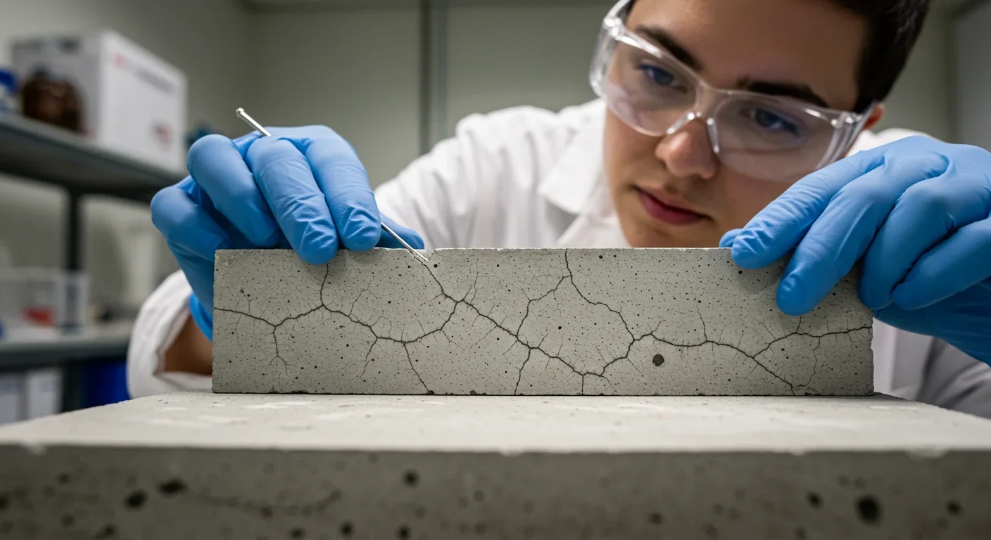 Materials scientist examining concrete sample with cracks in laboratory setting for self-healing concrete research
