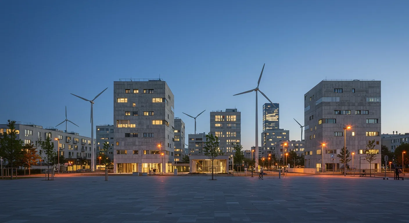 Modern sustainable city skyline representing the future of construction with bacterial concrete and living building systems