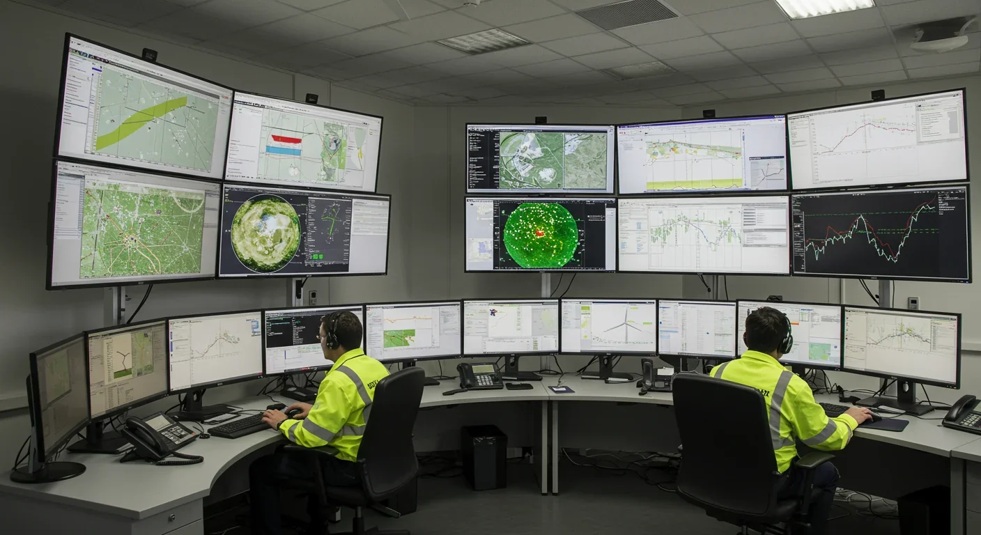Engineers in wind farm control center monitoring turbine operations and wildlife detection systems on multiple screens