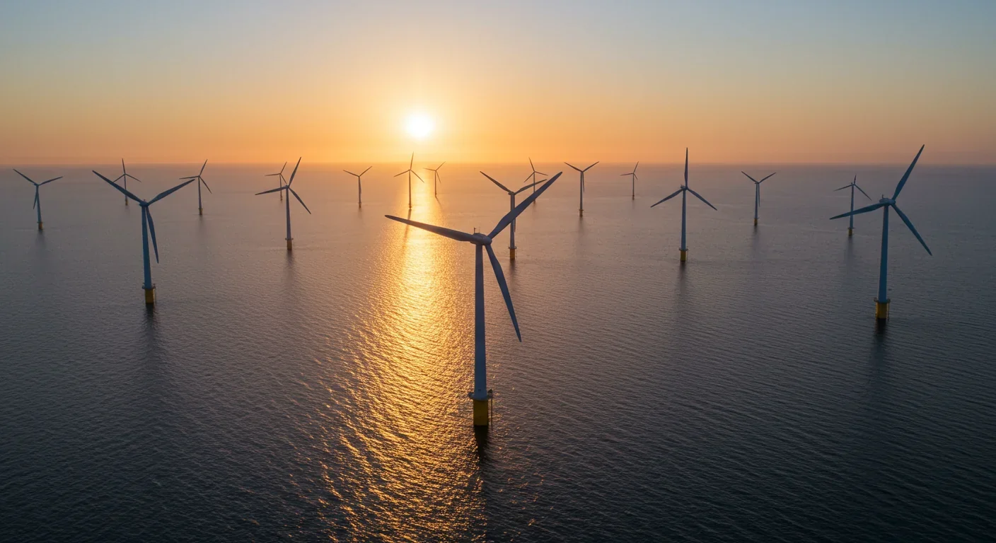 Offshore wind turbines optimally spaced to maximize energy output while minimizing wake interference and collision risks