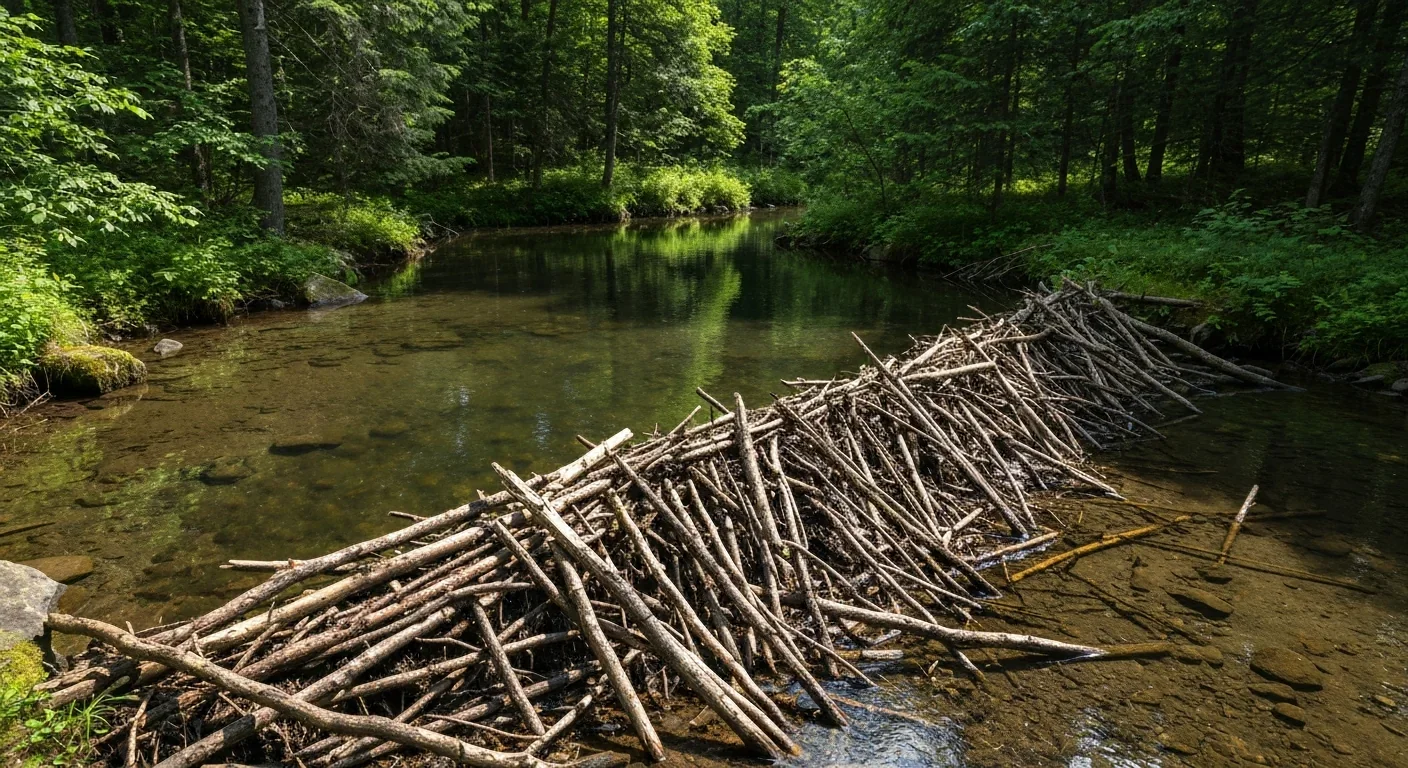 A natural beaver dam stretching across a forest stream with a calm pond forming behind it