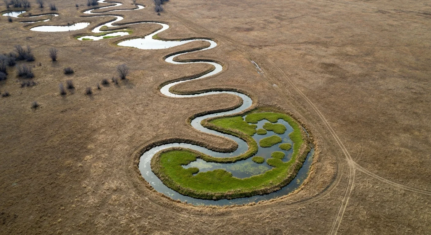 Aerial view showing a green wetland corridor along a stream contrasting with surrounding dry grassland