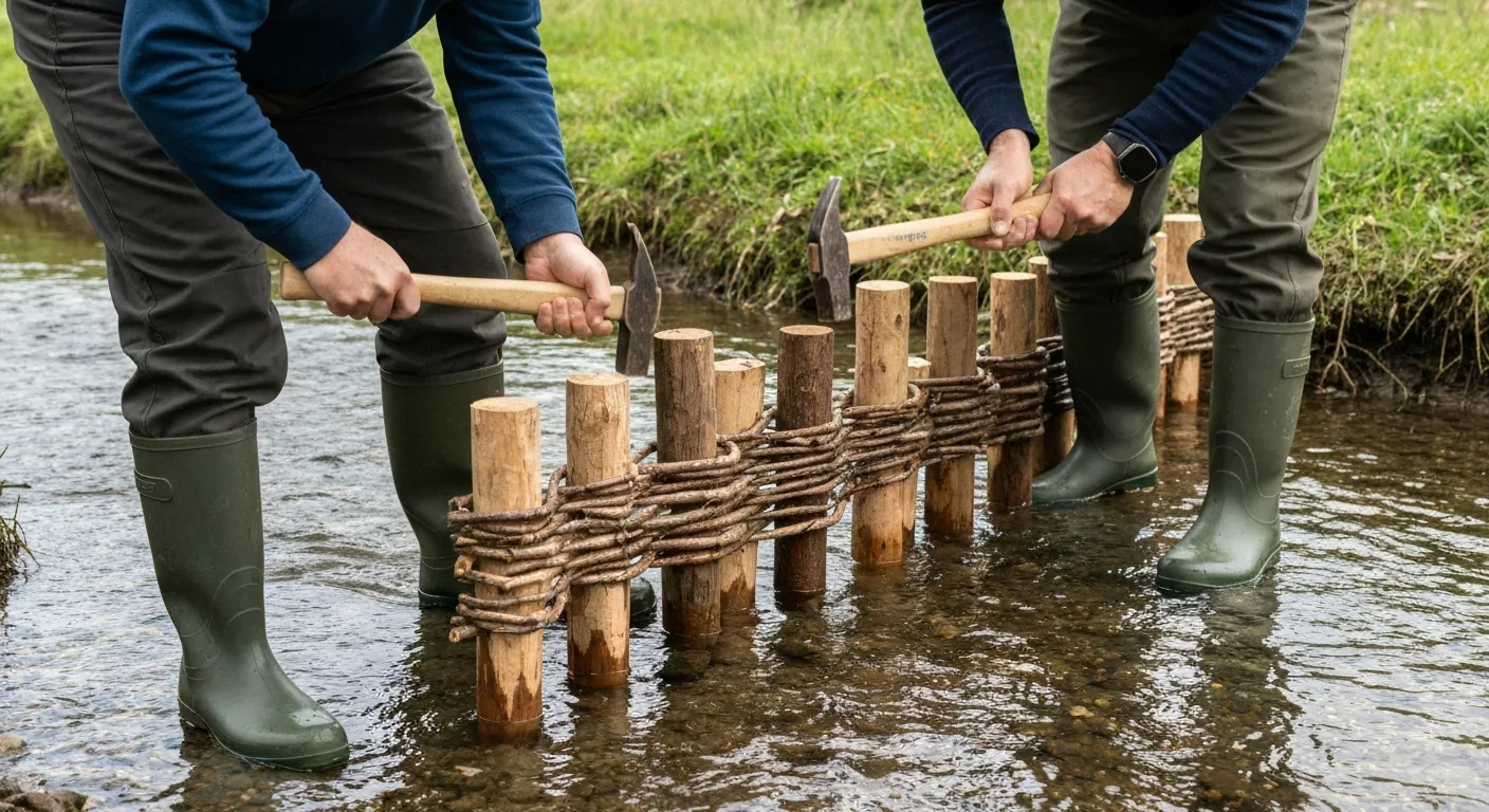 Conservation workers installing a beaver dam analogue using wooden posts and woven branches in a stream