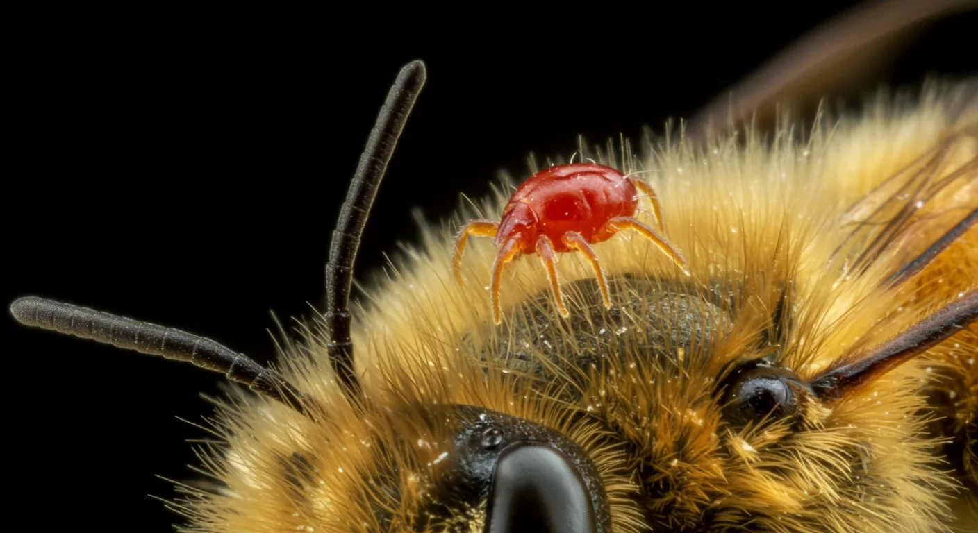 Varroa destructor mite parasitizing a honeybee