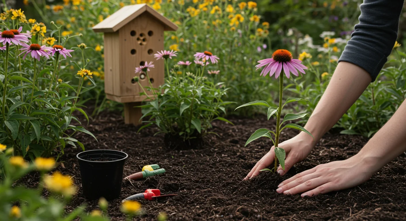 Hands planting native wildflowers in a pollinator-friendly garden