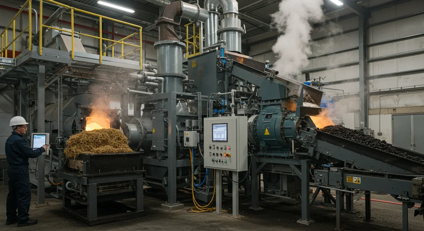 Modern industrial pyrolysis facility converting agricultural waste into biochar for carbon sequestration