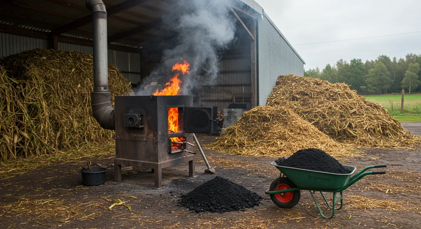 Pyrolysis kiln converting agricultural waste into biochar on a working farm