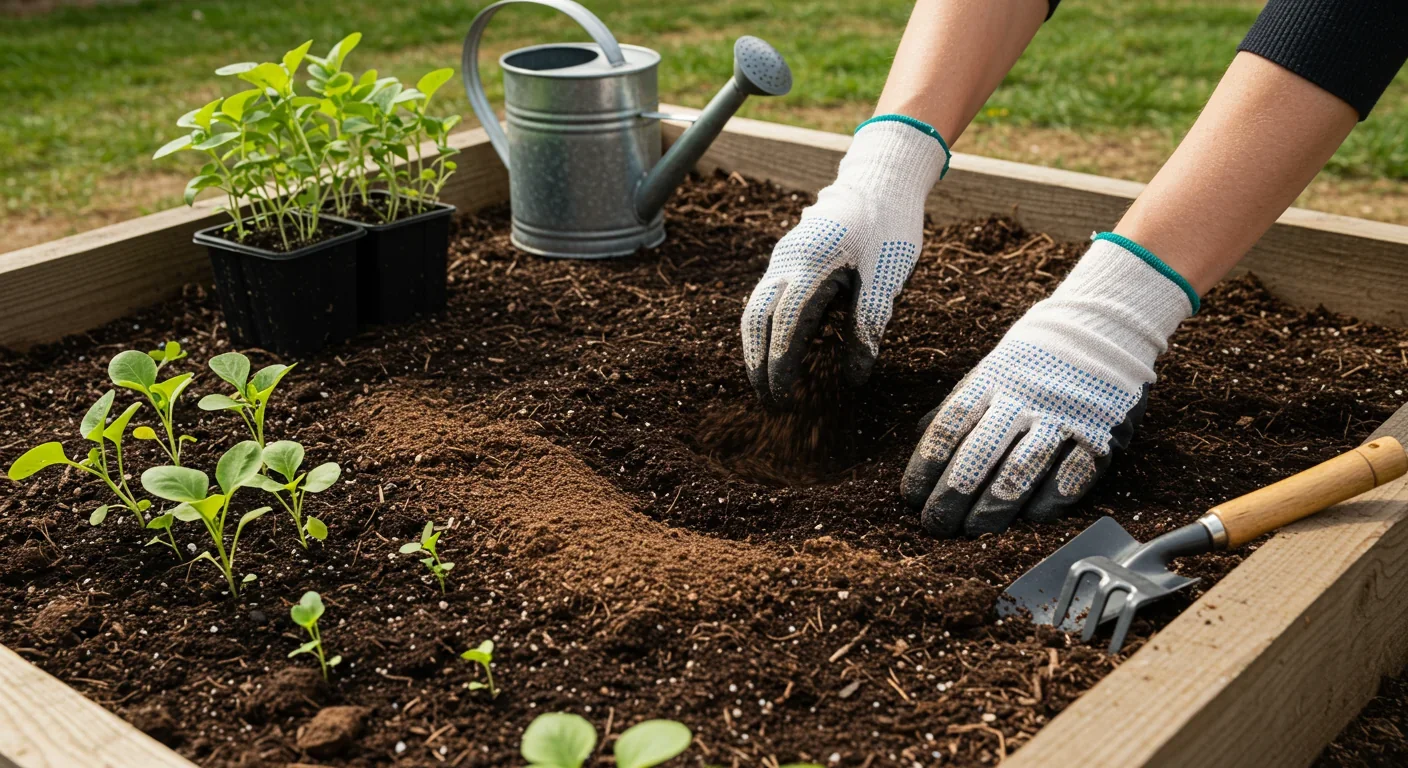 Hands mixing biochar into garden soil to improve water retention and plant growth