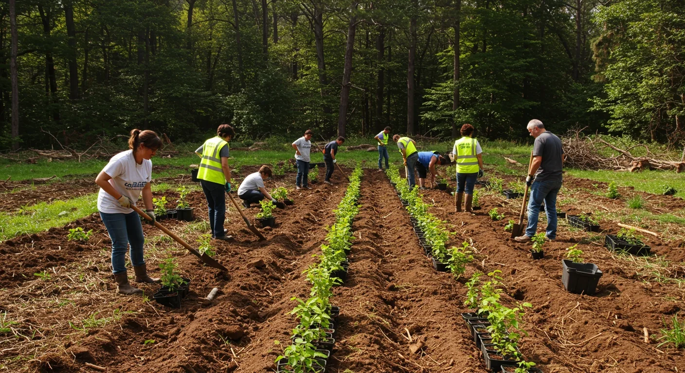 Conservation worker planting native trees in a forest restoration project in a biodiversity hotspot